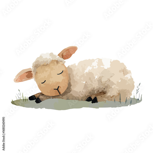 Watercolor Illustration of a Sleeping Lamb on a Patch of Green Grass