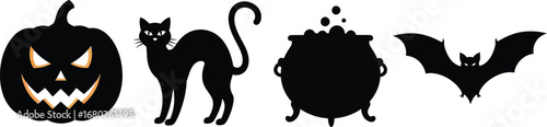Halloween set with pumpkin, cat, cauldron and bat for decoration and design with spooky elements