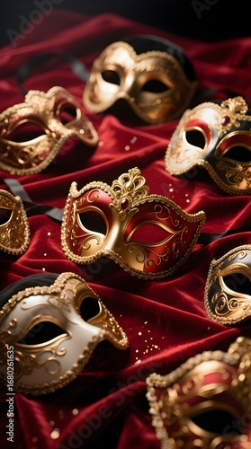 Venetian Masks on Luxurious Red Velvet Fabric