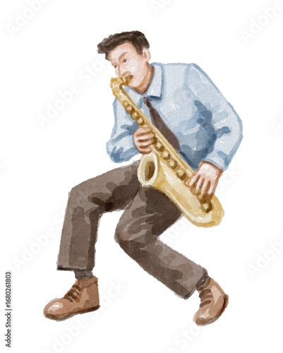 Watercolor man playing trumpet isolated on white background