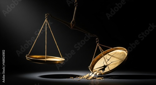 Broken and unbalanced golden scales of justice symbolizing injustice