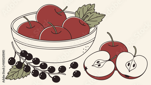 Bowl of Red Apples and Black Currants with Sliced Apples fruit bowl of fruit