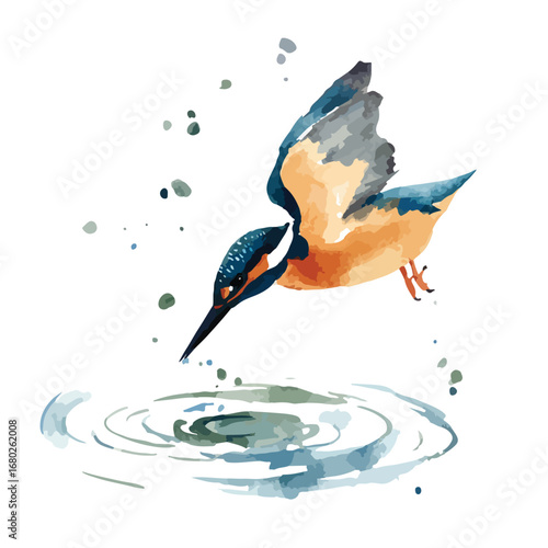 Watercolor Kingfisher Diving with Precision into Rippling Water Surface