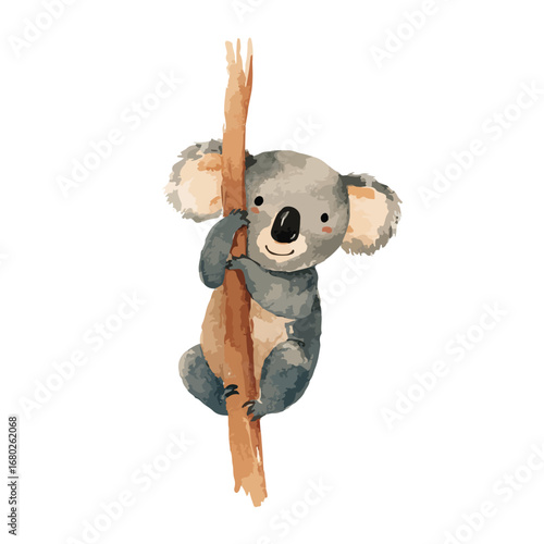 Watercolor Koala Clinging to a Branch with a Sweet Smiling Expression