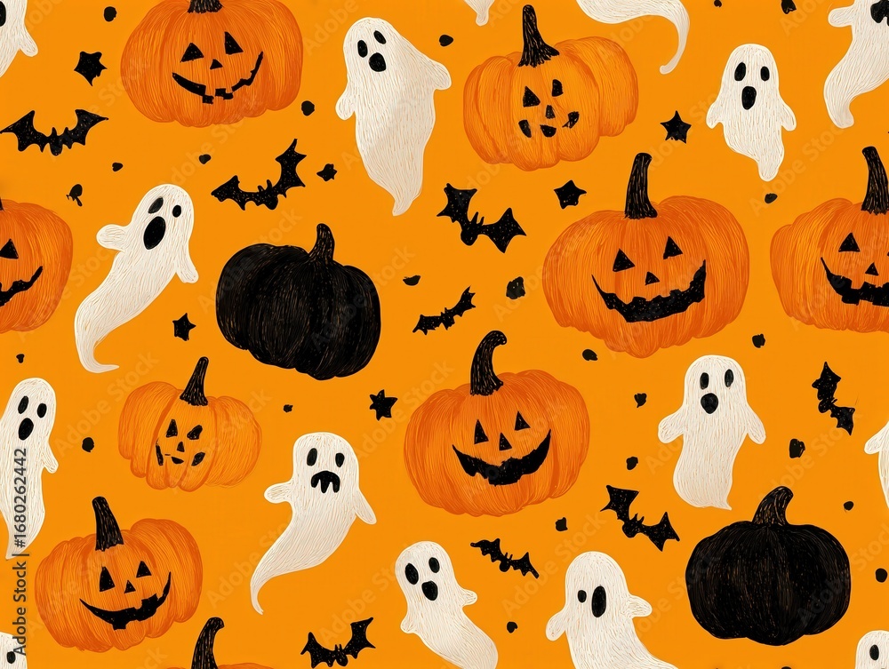 Obraz premium Seamless repeat pattern with Halloween candy and ghosts in black on orange, luxury sublimation print effect, vector SVG file for commercial textile use.