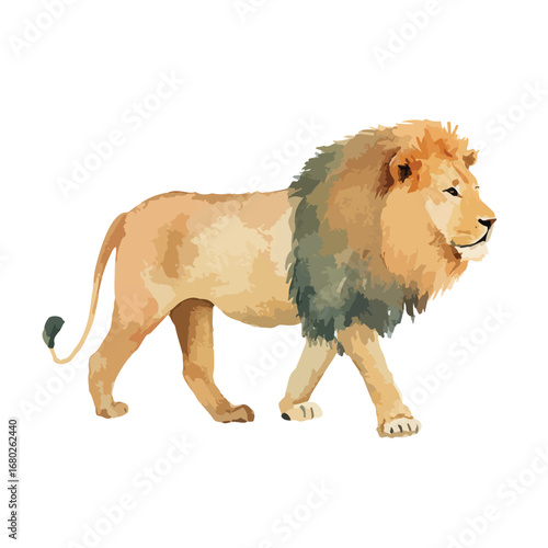 Watercolor Lion Striding Forward with a Focused Gaze and Detailed Mane