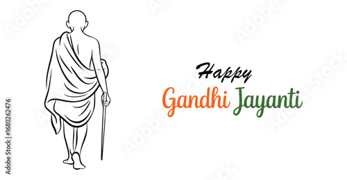 Minimalist Gandhi Jayanti illustration with Mahatma Gandhi walking from behind, holding stick, and tricolor text honoring peace and Indian legacy