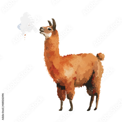 Watercolor Llama Exhaling a Cloud of Breath Standing Proudly in Profile