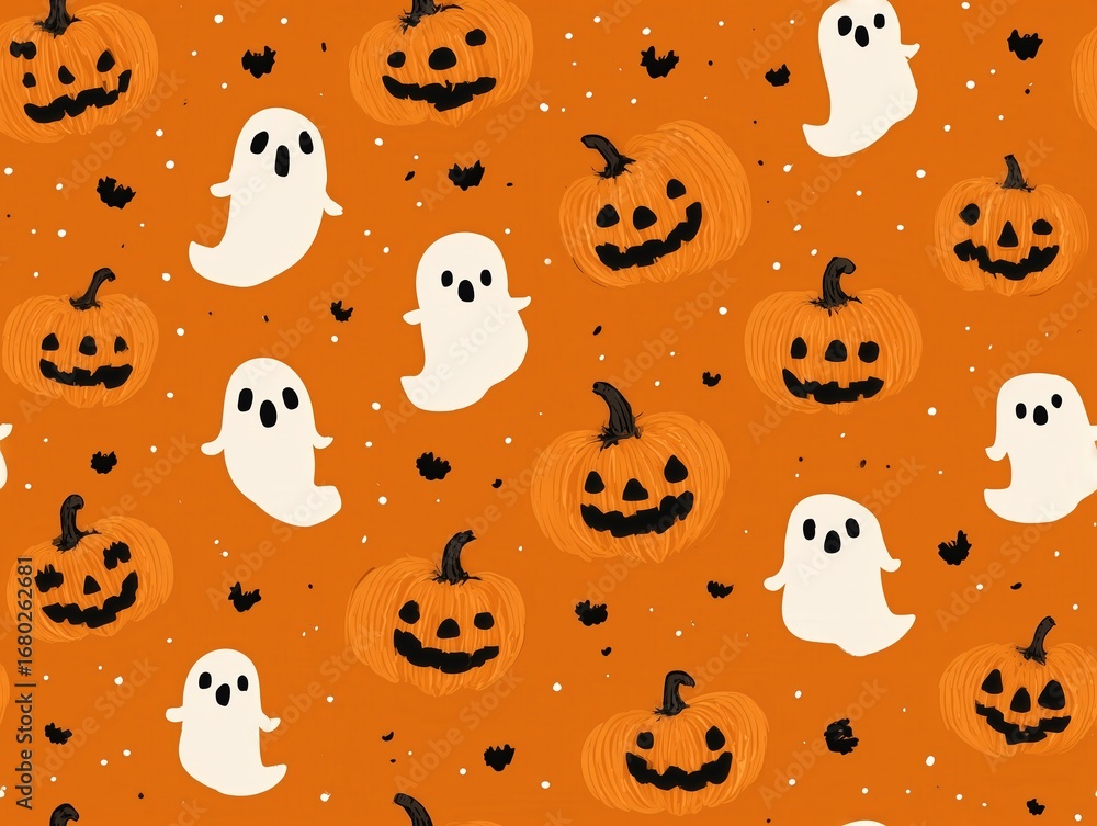 Fototapeta premium Seamless repeat pattern with Halloween candy and ghosts in black on orange, luxury sublimation print effect, vector SVG file for commercial textile use.