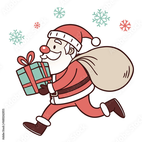 Cartoon Santa Claus running with a gift and a sack of presents with snowflakes Keywords: Santa Claus, Christmas, gift, present, sack, running, winter, holiday, snow, snowflakes, festive