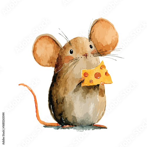 Watercolor Mouse Holding Cheese Featuring Large Ears and Whiskers