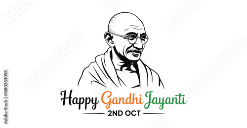 Gandhi Jayanti illustration with Mahatma Gandhi sketch, round glasses, shawl, and tricolor text with date honoring peace, legacy, and freedom