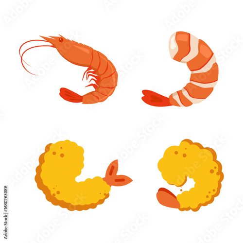 Fresh shrimp vector set with peeled, whole, and fried tempura seafood illustration for restaurant menu, culinary design, seafood market, Asian food, sushi, and cooking icon collection