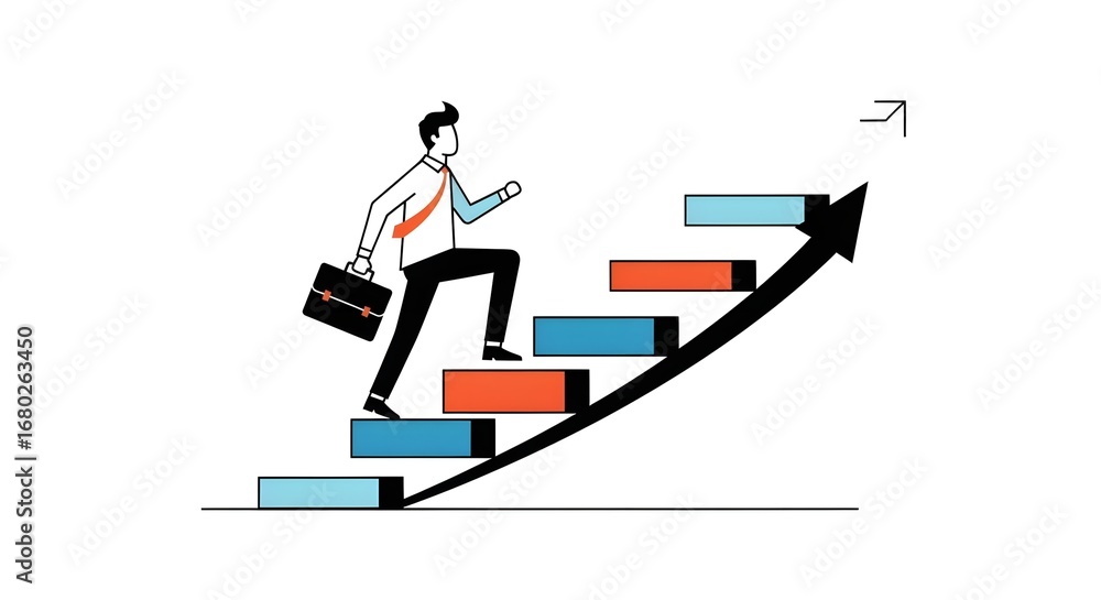 Obraz premium Businessman Climbing Stairs with Briefcase Upward Growth Arrow Concept