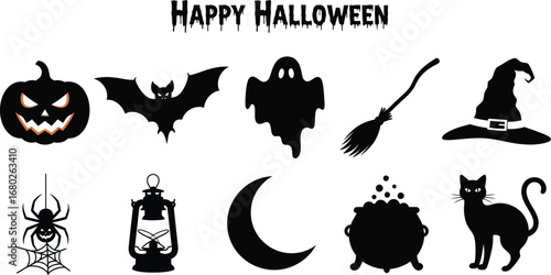 Halloween silhouette set with pumpkin, bat, ghost, broom, witch hat, spider, lantern, moon, cauldron, and cat