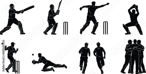 Cricket players silhouettes, batting, bowling, fielding, teamwork, sports action, cricket match moments, team celebration, athletic movement, cricket game icons