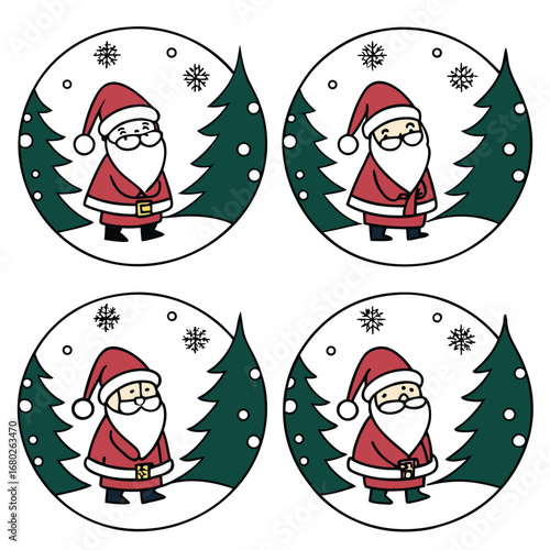 Four Circular Christmas Scenes Featuring Cartoon Santa Claus and Snowing Trees holiday character