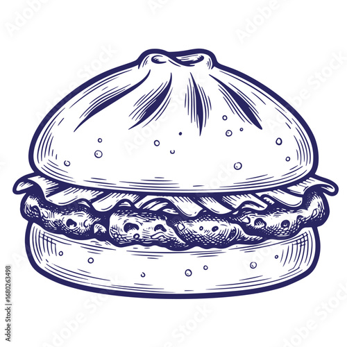 Artistic hand drawn illustration of a delicious juicy and steaming asian bao bun