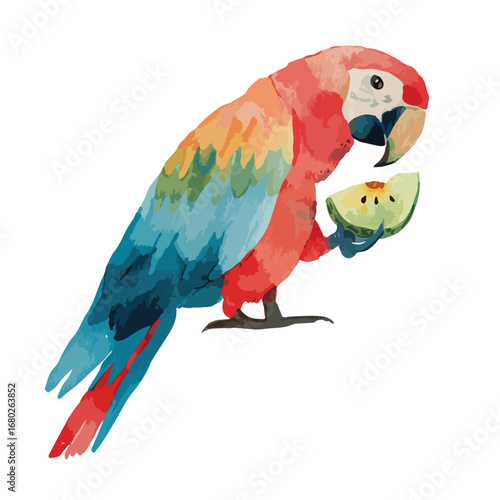 Watercolor Parrot Holding Apple Slice Showcasing Vibrant Plumage and Details