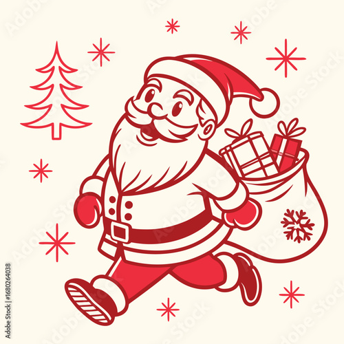 Retro-style illustration of Santa Claus running with a sack of gifts and Christmas tree on a cream background