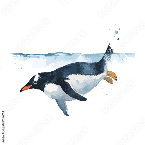 Watercolor Penguin Swimming Gracefully Beneath the Waters Surface