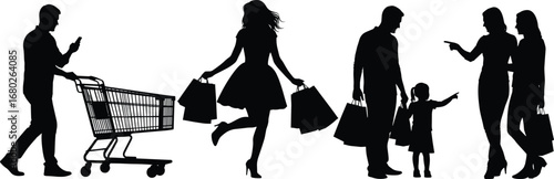Silhouettes of people shopping, family and friends, holding bags, pushing cart, mall activity, retail lifestyle, consumerism, modern life
