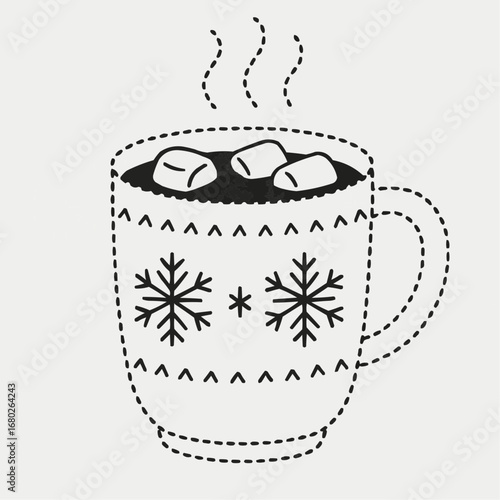Dotted Outline Coloring book for kids - Hot chocolate mug with marshmallows and snowflake design  