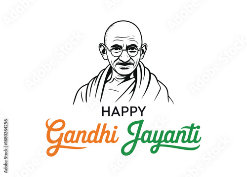 Black and white Gandhi Jayanti sketch featuring Mahatma Gandhi with round glasses and shawl, honoring peace, simplicity, and Indian legacy