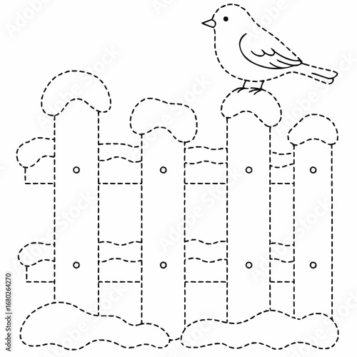 Dotted Outline Coloring book for kids - Bird sitting on wooden fence in winter landscape outline  
