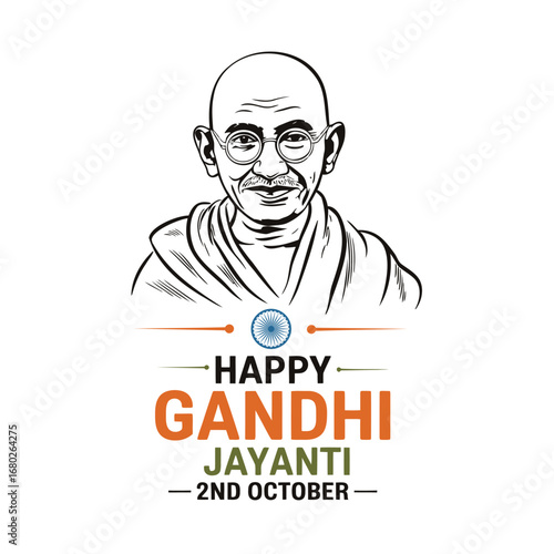 Gandhi Jayanti illustration with Mahatma Gandhi sketch, blue charkha symbol, and tricolor text honoring peace, self-reliance, and Indian legacy