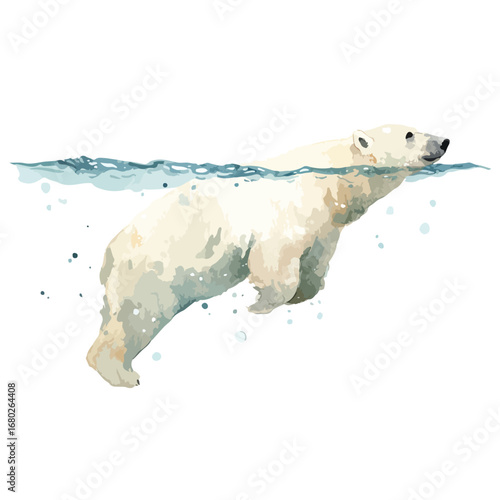 Watercolor Polar Bear Swimming Gracefully Through Cool Water