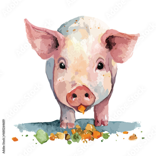 Watercolor Portrait of a Piglet Eating Colorful Food