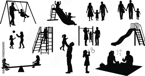 Family playing at playground, children swinging, sliding, climbing, blowing bubbles, parents supervising, outdoor fun, picnic, bonding, parenting, kids playing, silhouette