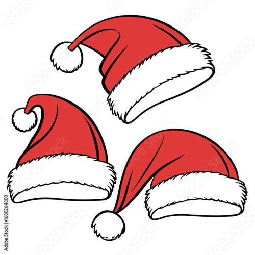 Three red Santa Claus hats with white fur trim and pom poms arranged in a cluster on white background