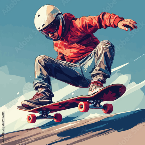 Cartoon Style Artistic Skateboarder in Mid Air Stunt Sport Illustration