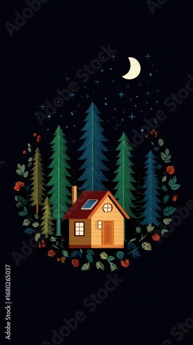 Wallpaper Mural A cozy cabin nestled among tall trees under a starry night sky, perfect for relaxation. Torontodigital.ca
