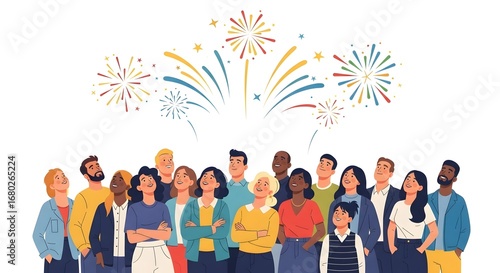 Diverse Group of People Celebrating with Fireworks in Night Sky