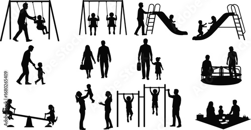 Family playing at playground, children swinging, sliding, see-saw, parents supervising, picnic, outdoor activities, parenting, childhood, park fun, family time, silhouette