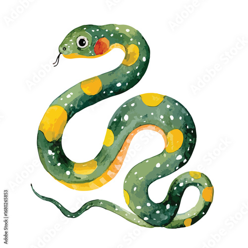 Watercolor Snake with Green and Yellow Scales and a Forked Tongue
