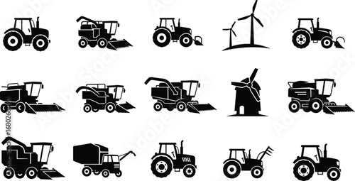 Farm machinery icons including tractor, harvester, windmill, farming equipment, agricultural vehicles, rural farming, sustainable agriculture, farm technology, eco-friendly farming
