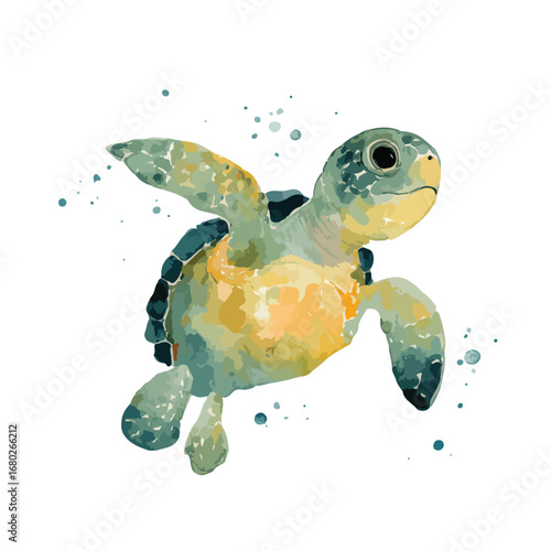 Watercolor Style Baby Sea Turtle with Teal and Yellow Hues Swimming Upward