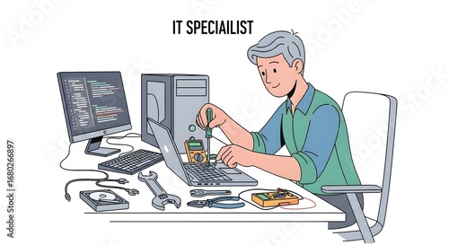 IT Specialist Man Repairing Laptop in Workshop with Tools and Equipment