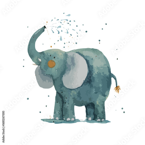 Watercolor Style Elephant Spraying Water with its Trunk Upward