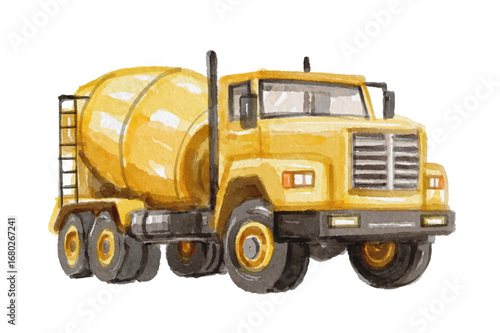 Hand painted watercolor yellow cement mixer truck isolated