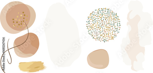 Abstract elements. Blush, pink, ivory, beige watercolor Illustration and gold elements, on white background. Abstract modern print set. 
