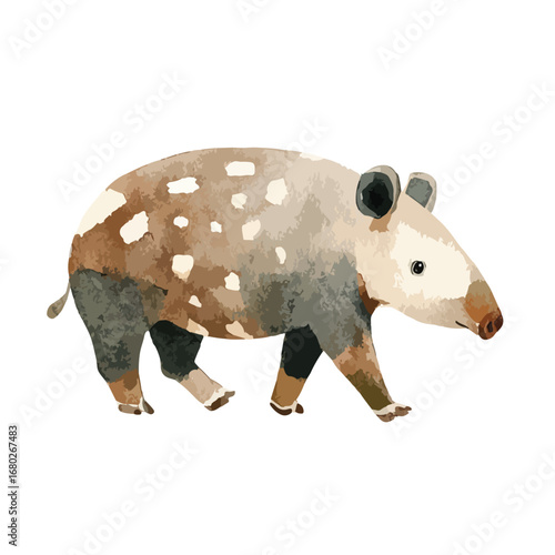Watercolor Style Lowland Tapir with Distinct Mottled Pattern Walking Forward