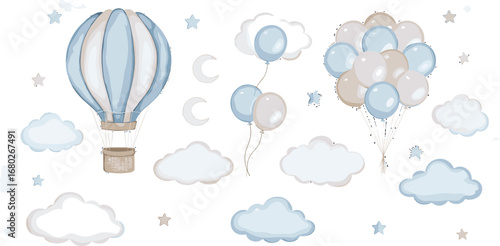 Baby shower invitation elements - hot air balloon basket, air ballons, clouds, moon, stars. Announcement, birthday party, newborn event.