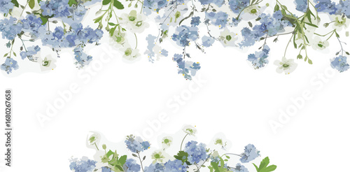 Seamless watercolor floral border. Hydrangea, myosotis, rose, peony. Blue green white flowers, leaves on white background.