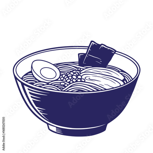 Delicious japanese ramen bowl illustration with noodles egg seaweed and tasty broth