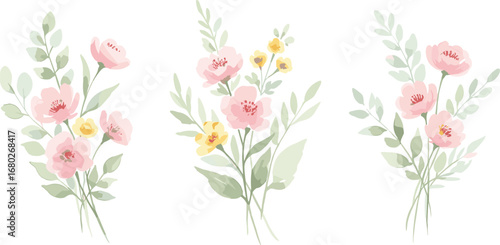 Watercolor floral illustration - bouquets set with bright peach color, white, pink, blue flowers, rose, peony, poppy, tulips, sweet pea, chamomile, ranunculus, buttercups